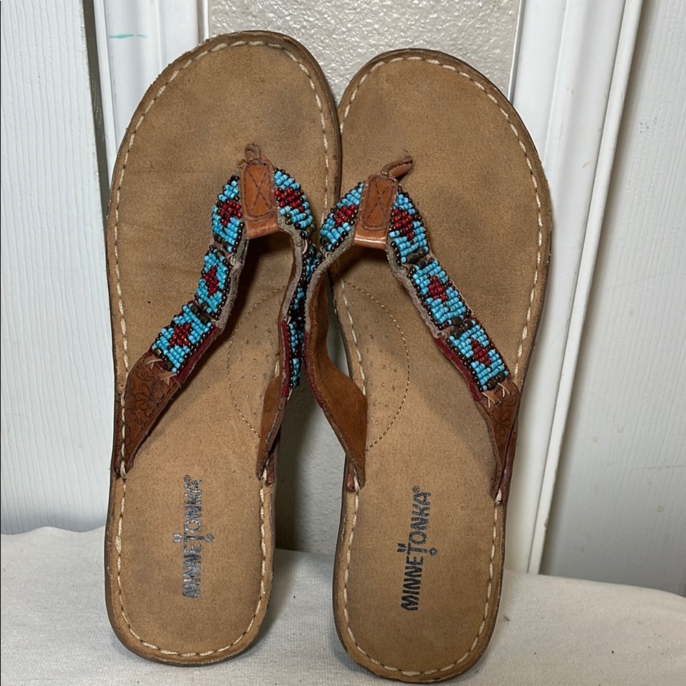 Minnetonka Brown and Blue Beaded Sandals